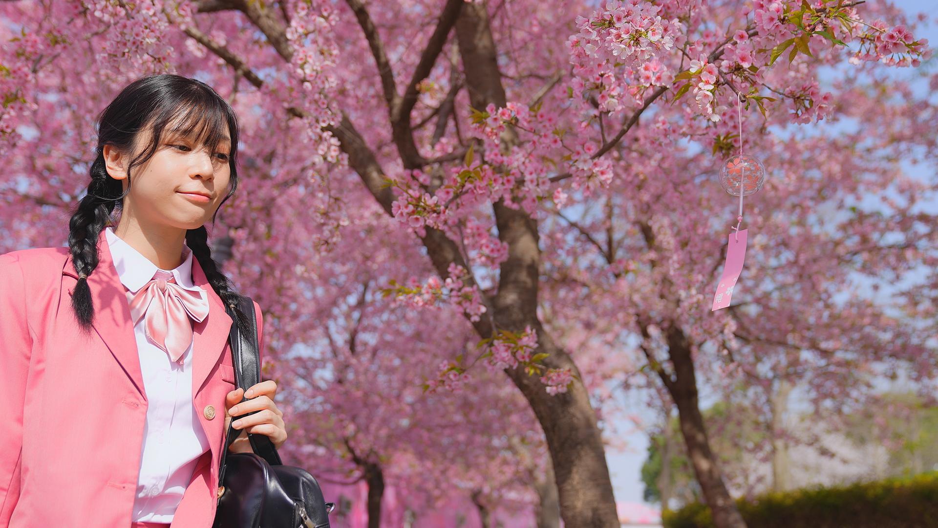 粉色JK制服的少女走在樱花树下视频的预览图