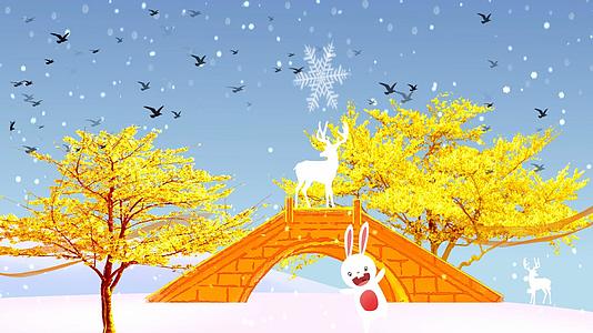 新中式秋天落叶舞台背景金色石拱桥背景视频视频的预览图