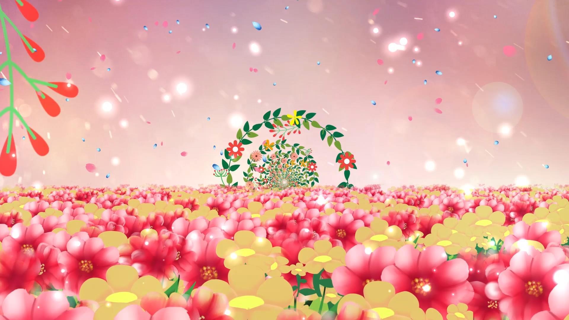 温馨红色唯美花海动态粒子花环穿梭舞台背景视频视频的预览图