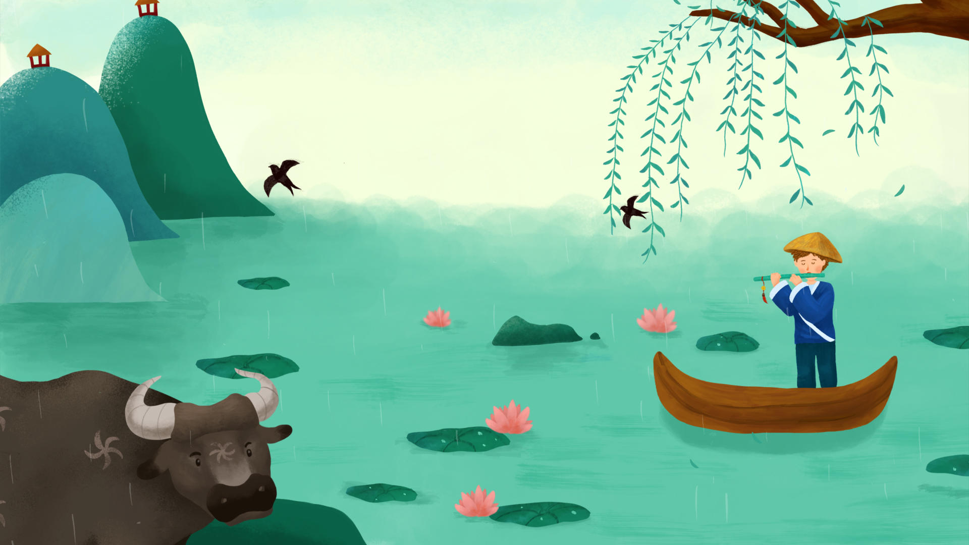 春雨小舟少年吹笛唯美动态手绘背景视频的预览图