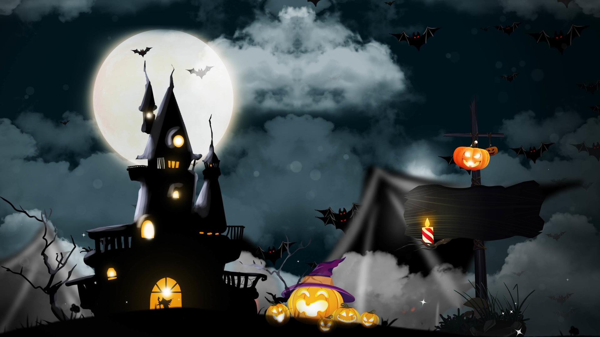 黑夜乌云飞舞蝙蝠城堡南瓜明月万圣节背景视频的预览图