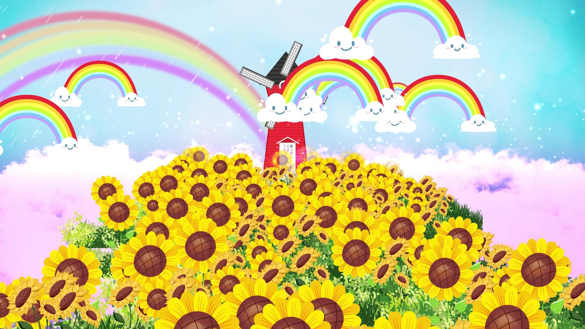 4K卡通动态向日葵彩虹背景视频素材视频的预览图