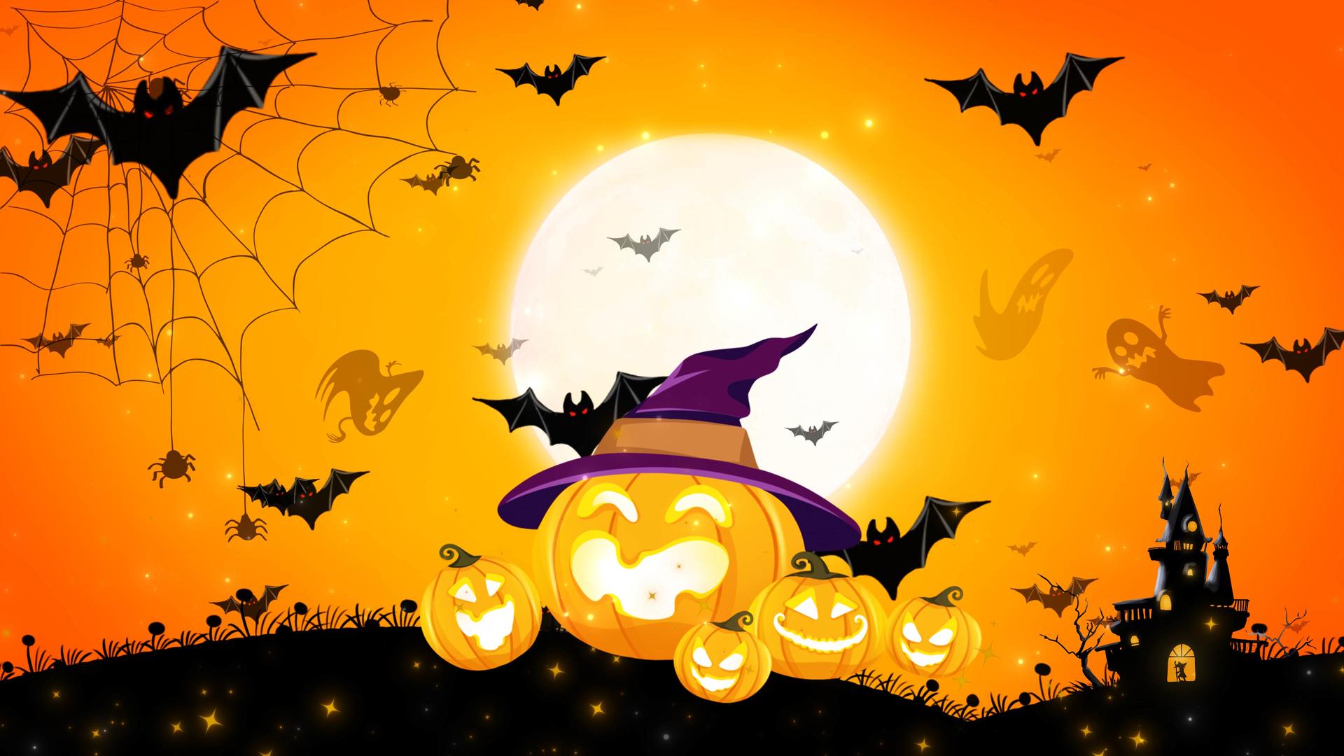 漫画夜蝙蝠南瓜古堡蜘蛛网耀斑颗粒闪烁万圣节背景视频的预览图