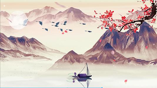 中国风水墨风小舟花瓣飘落视频的预览图