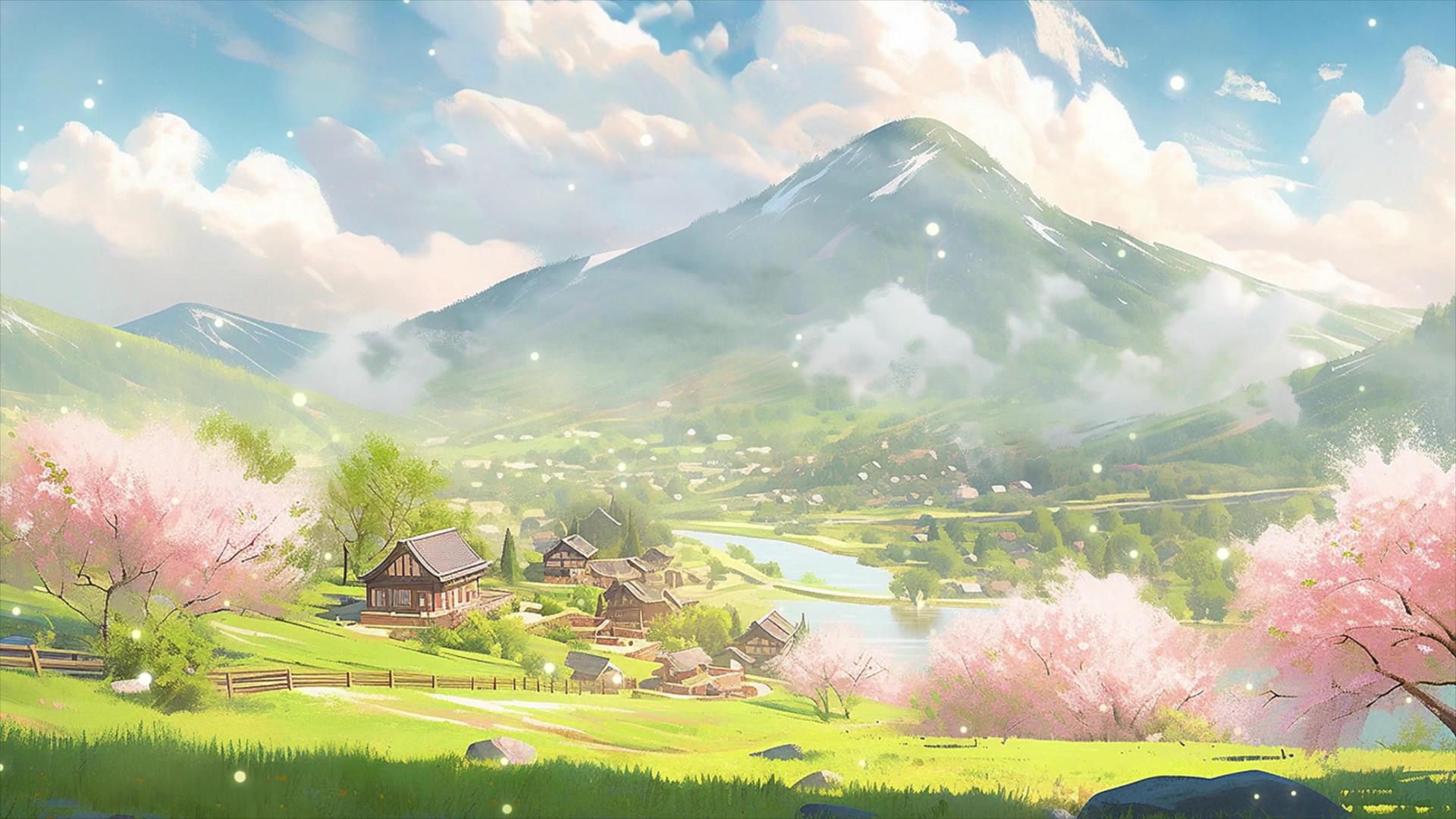 美丽的春天古风卡通小村庄背景视频视频的预览图