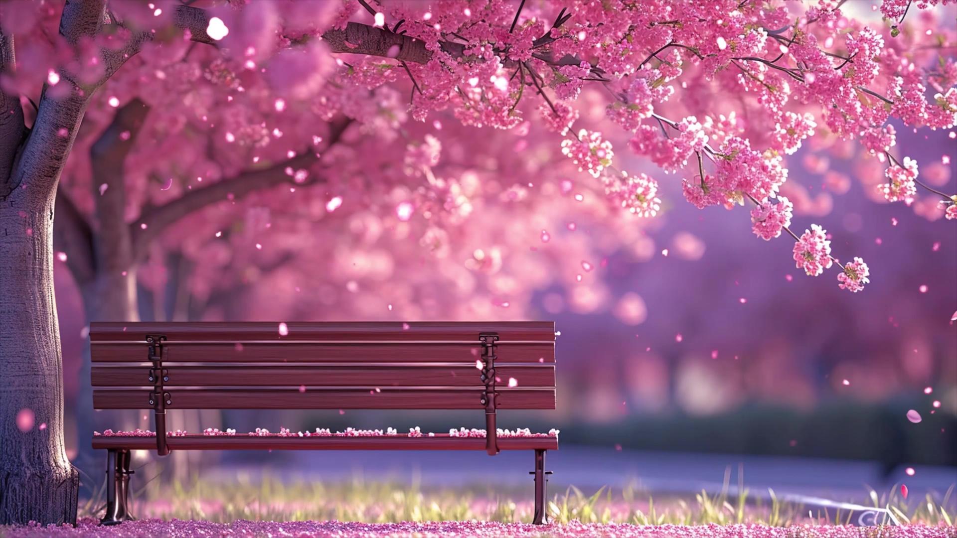美丽樱花树下长椅背景视频视频的预览图