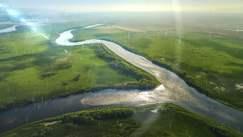 雨季航拍草原河流背景视频视频的预览图