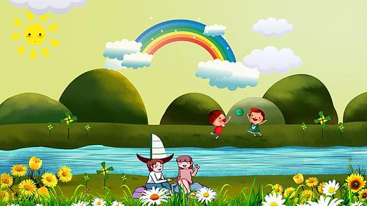 卡通假日草原小男孩玩耍图视频的预览图