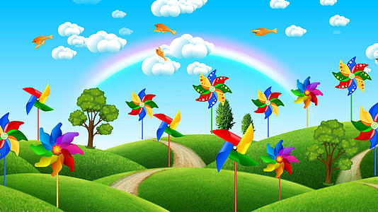 卡通田野彩色风车儿童歌舞背景视频的预览图