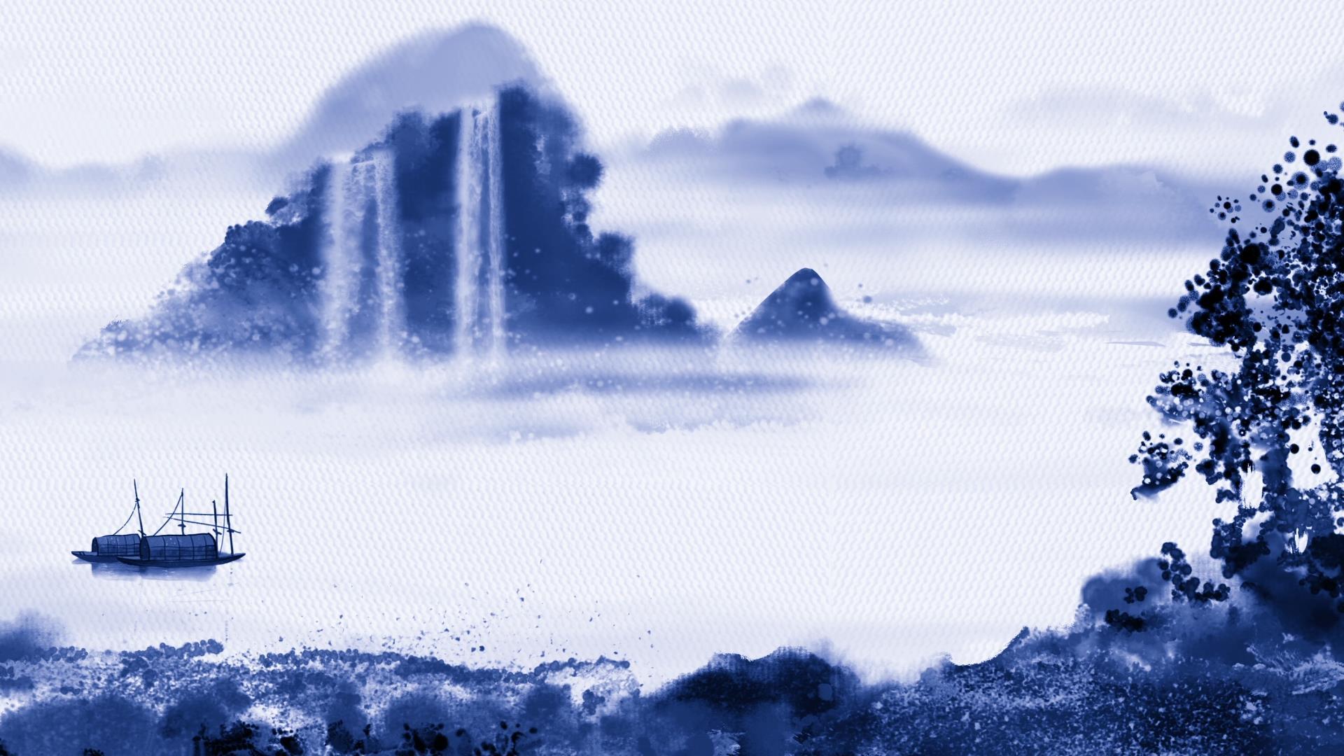 水墨山水瀑布背景视频的预览图