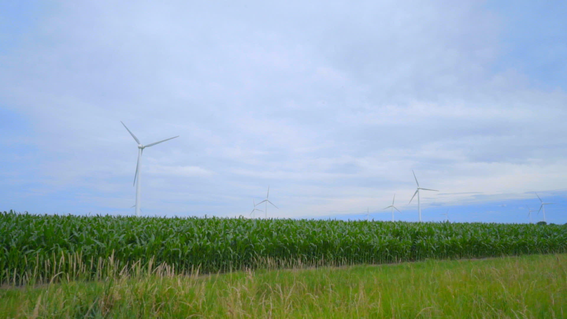 风力涡轮机在云层下的绿色区域视频的预览图