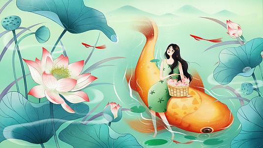 夏天荷塘锦鲤少女唯美动态背景视频的预览图