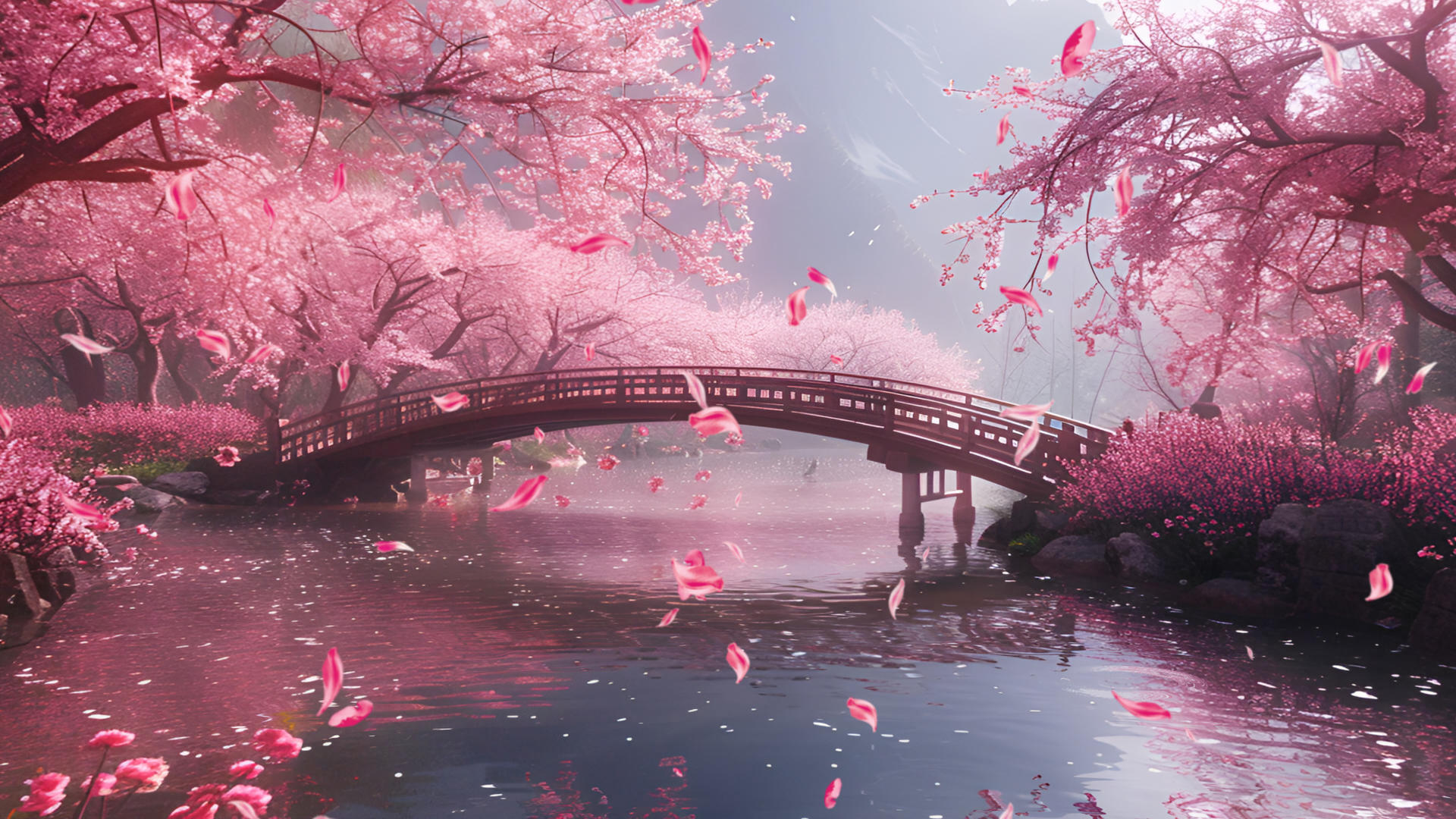 河流小桥花瓣盛开舞台背景视频视频的预览图