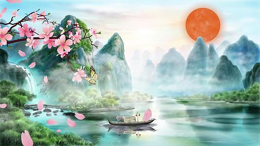 唯美山水樱花画中国风背景视频的预览图