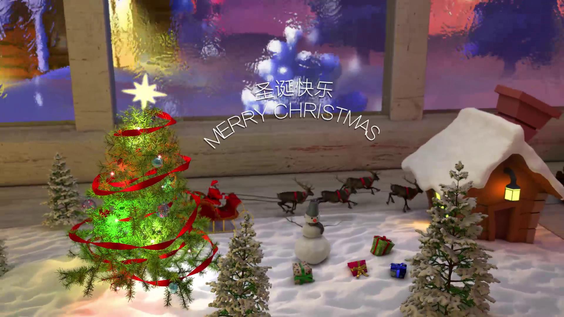 圣诞节窗前麋鹿跑过去AE模板视频的预览图