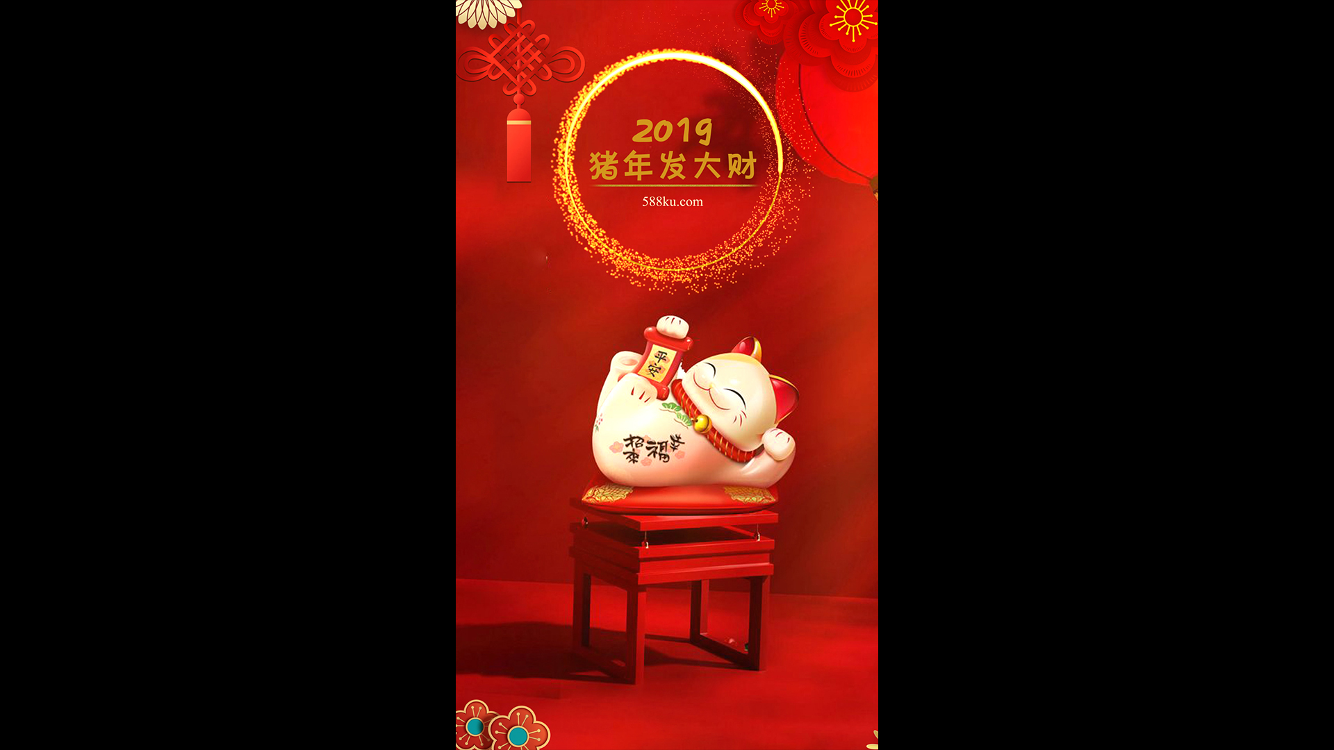 可爱招财猫红金新年祝贺小视频视频的预览图