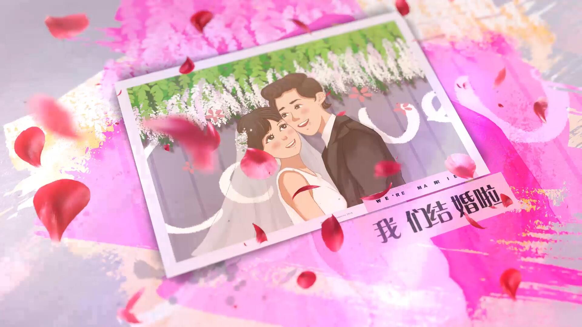 玫瑰花瓣飘散水彩晕染结婚相册展示AE模板视频的预览图