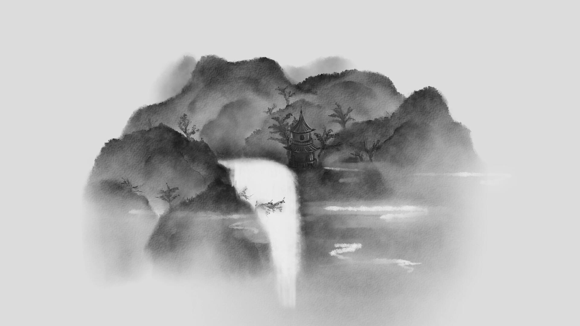 中国风水墨山水瀑布流动透明通道视频素材视频的预览图