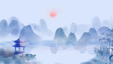 唯美中国风水墨山水游船亭子动态背景素材视频的预览图