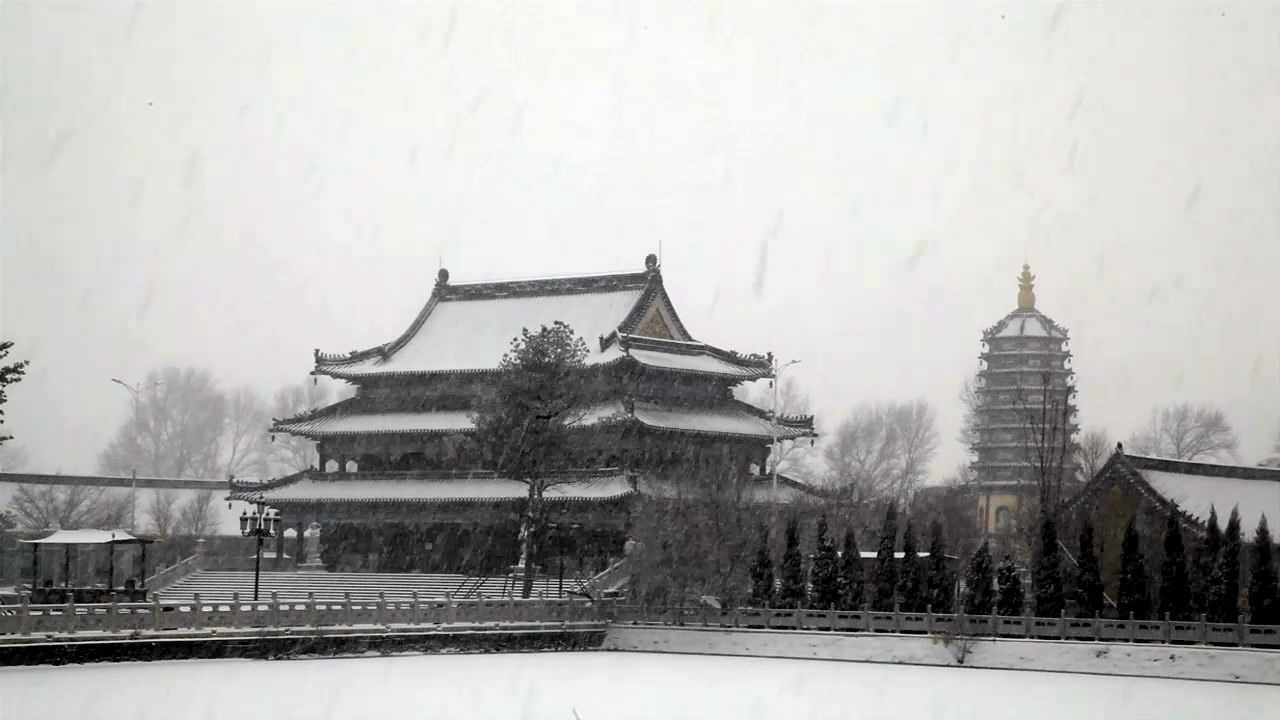 1080P大雪中的寺庙大殿和塔视频的预览图