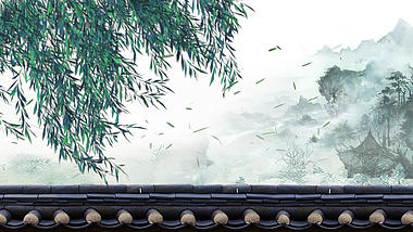 唯美中国风水墨山水竹叶飘落背景视频素材视频的预览图