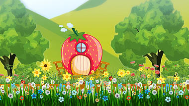 卡通儿童清新花丛村庄背景视频视频的预览图