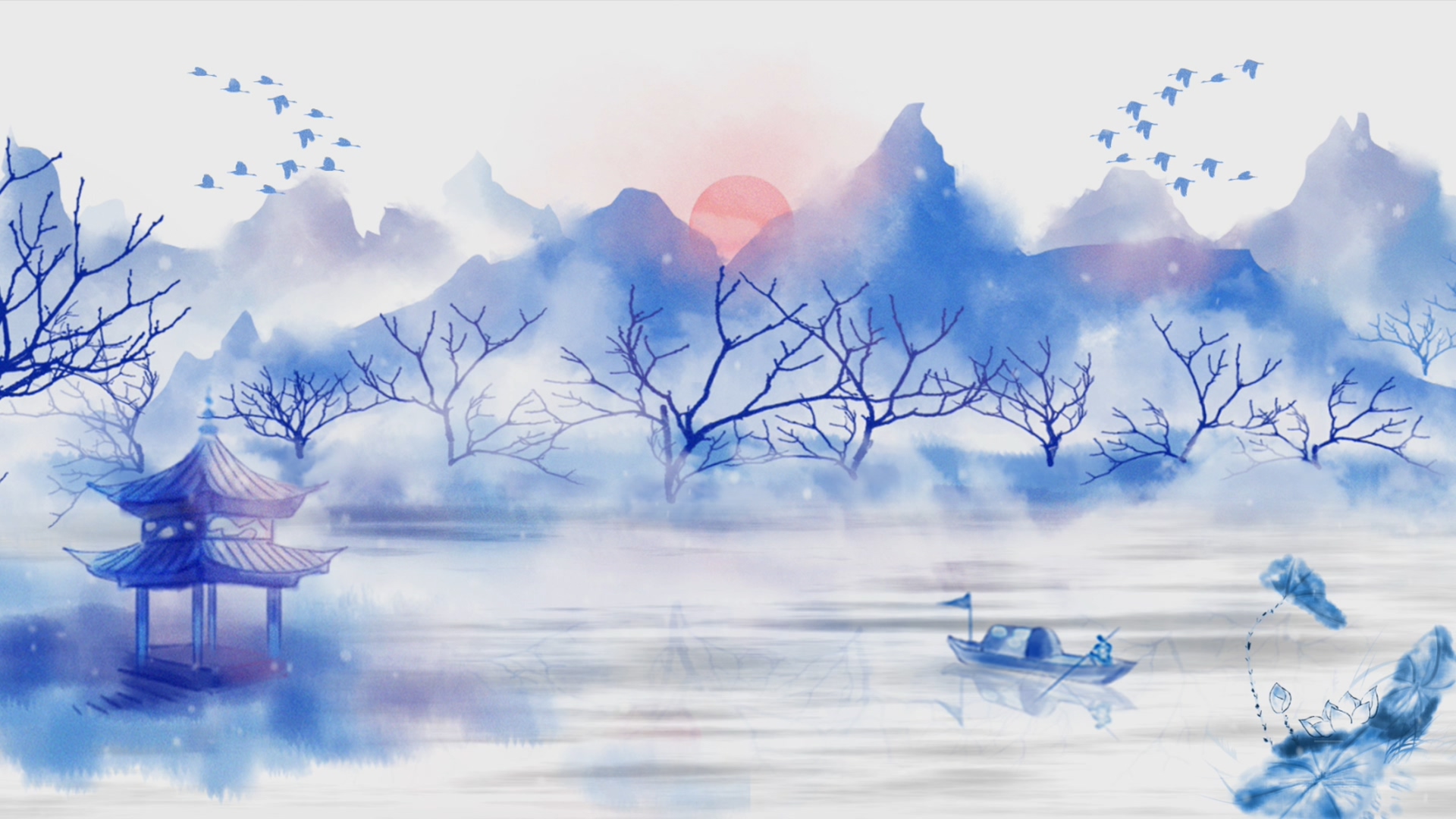 中国风水墨山水飘雪背景视频视频的预览图