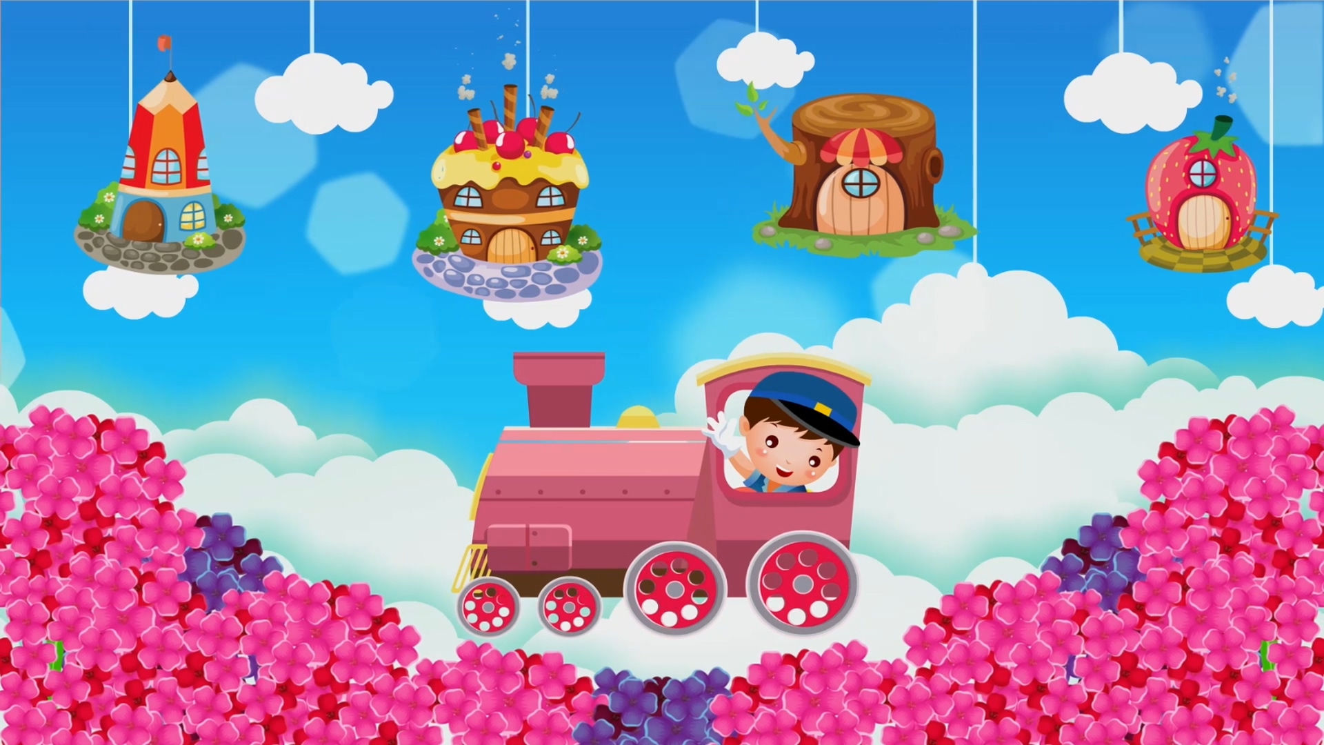 儿童节卡通火车天空花朵背景视频视频的预览图