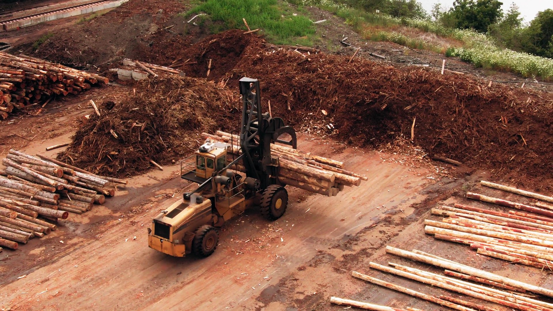 1080p航拍林场伐木场大型机械工作场景视频的预览图
