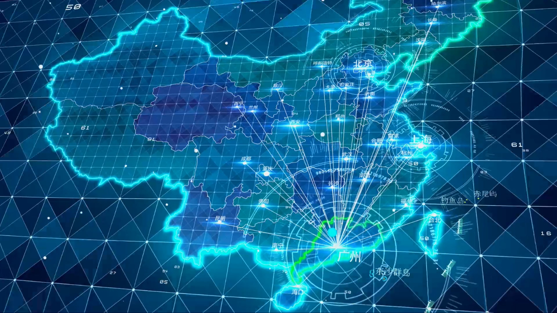 蓝色科技感网格点线连接广东地图光效穿梭视频的预览图