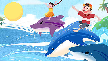 原创卡通儿童海豚跳跃背景AE模板视频的预览图