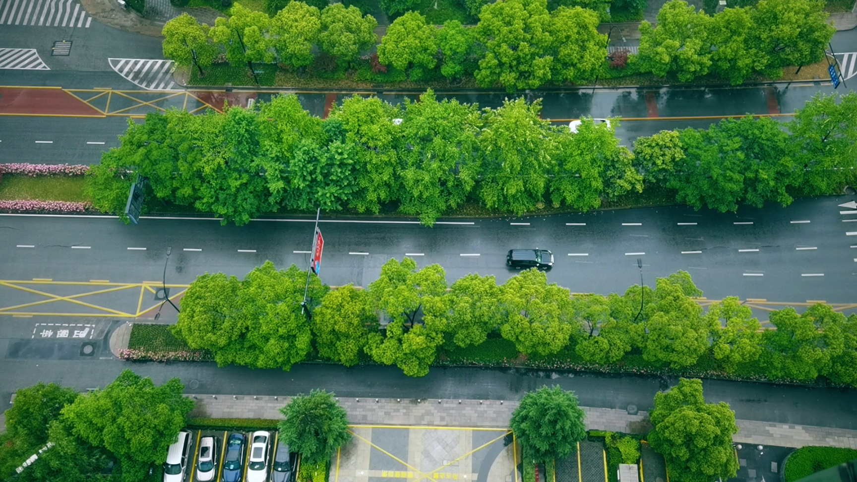 1080P俯拍杭州雨季城市道路视频的预览图