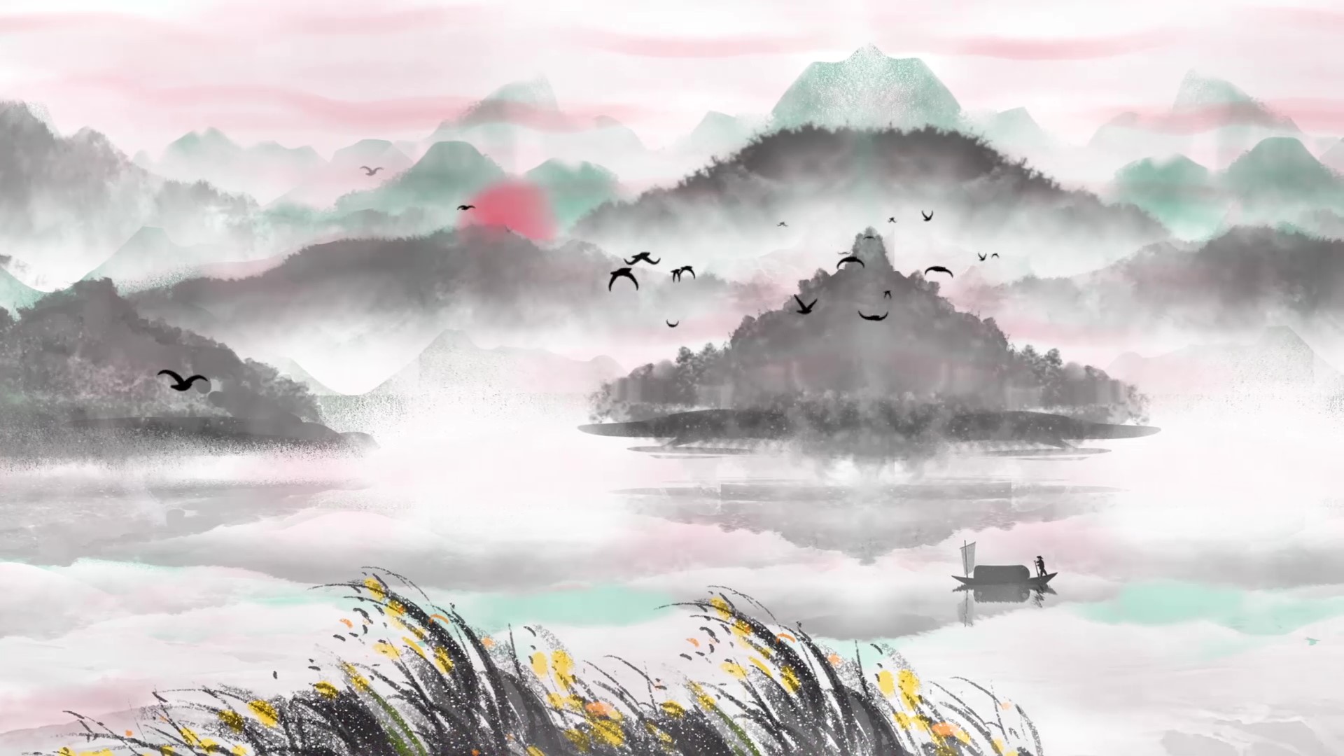 粉色湖面泛舟国风唯美节目包装视频视频的预览图