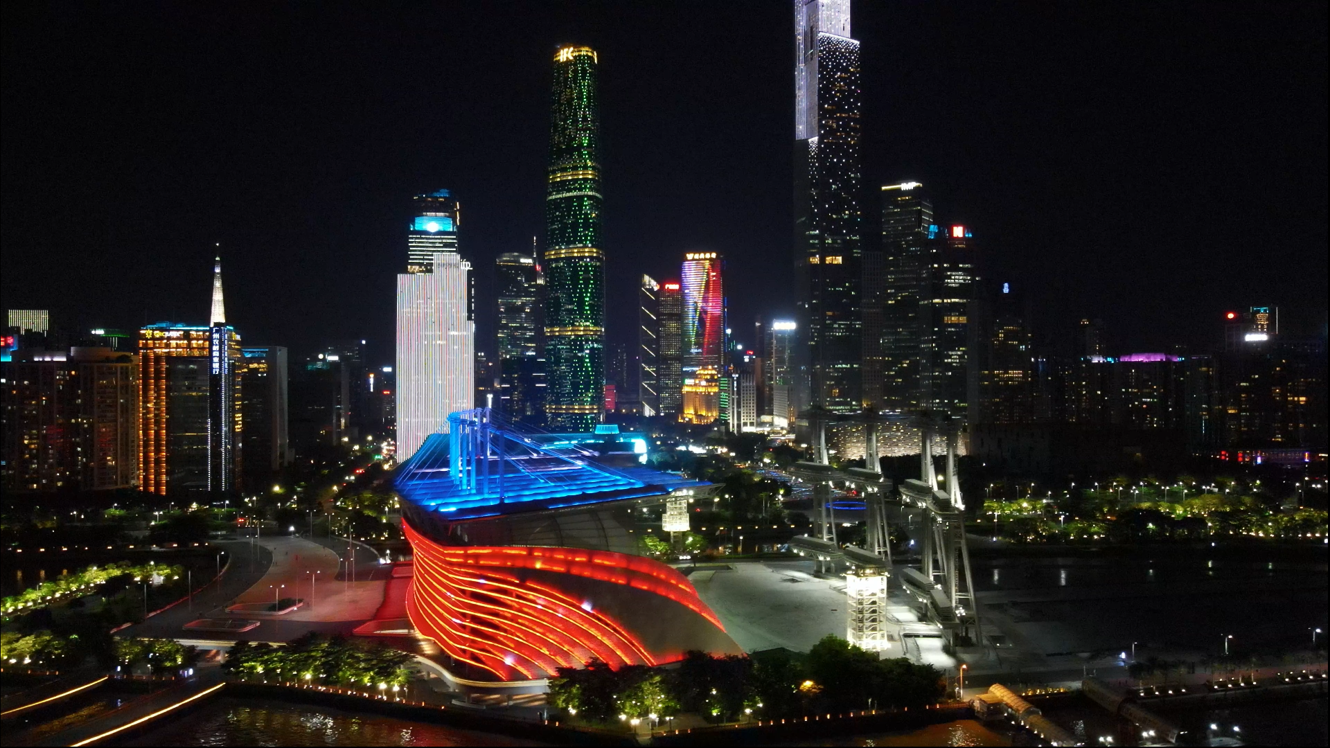 高清航拍广州亚运会场馆城市夜景视频的预览图