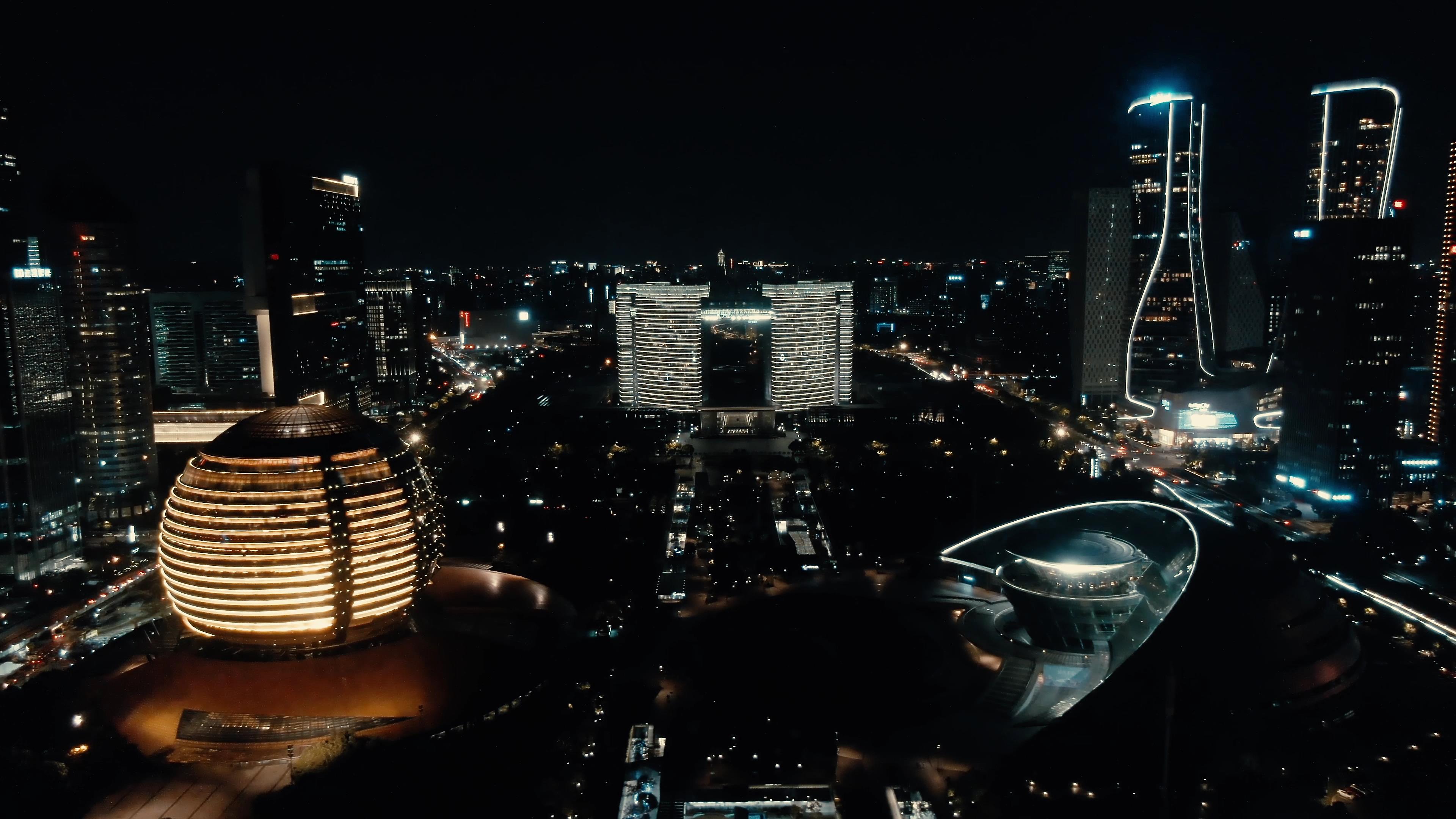 4K航拍杭州CBD市民中心繁华城市夜景视频的预览图