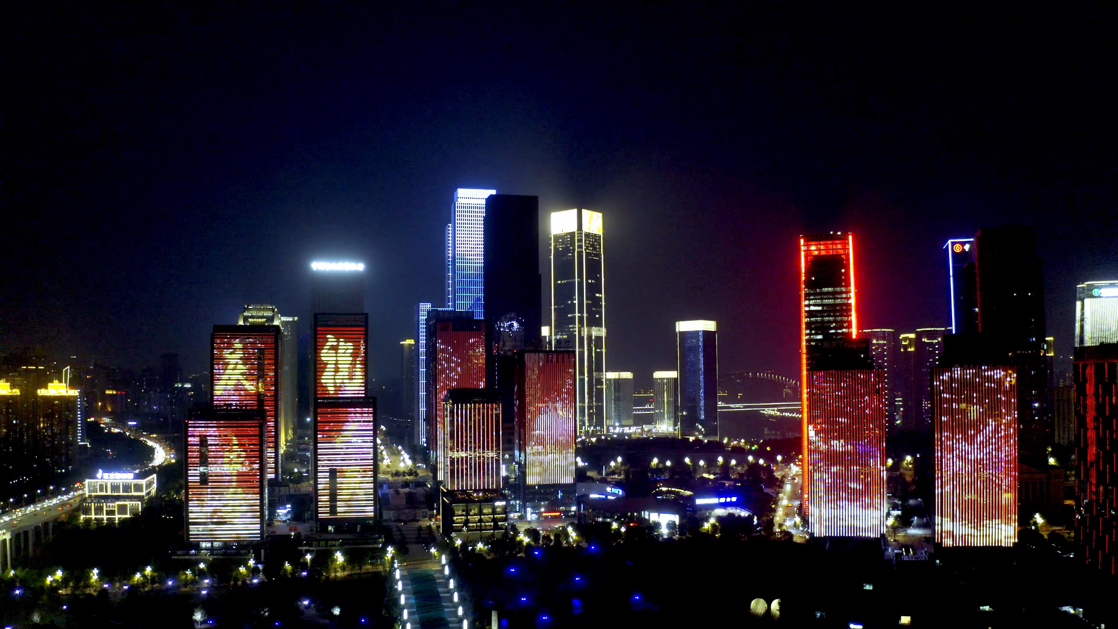 4K航拍夜景江北城国庆红旗灯光视频素材视频的预览图