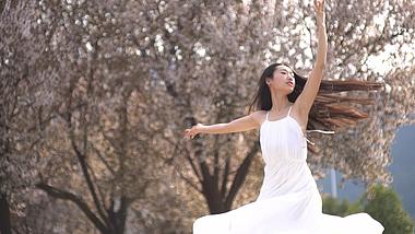 4K春天阳光明媚美女在樱花树下跳舞实拍视频的预览图