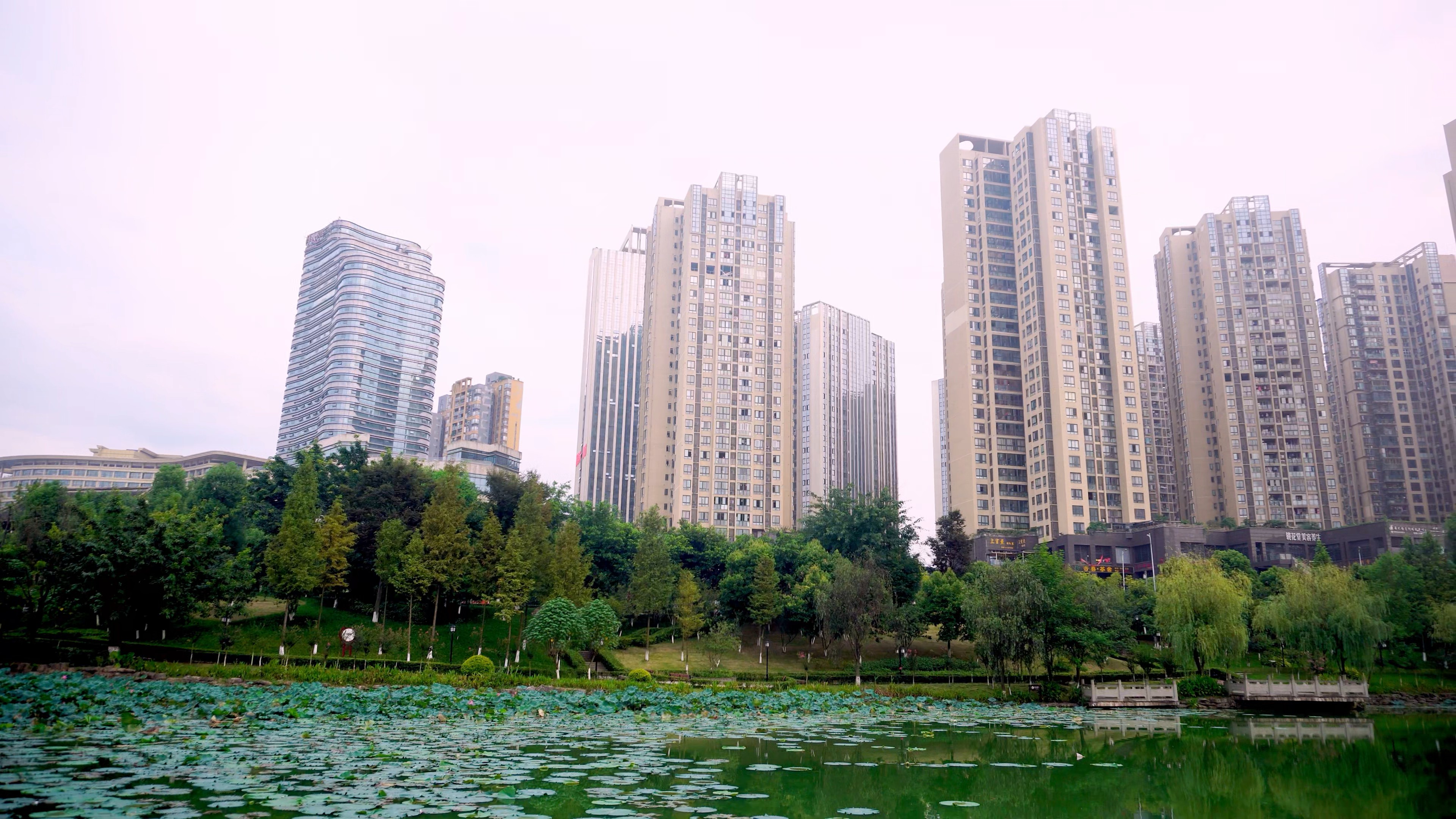 4K实拍公园池塘边的高楼大厦建筑视频的预览图