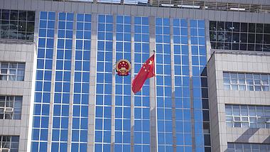 4K实拍政府大楼玻璃前的国徽红旗飘扬视频的预览图