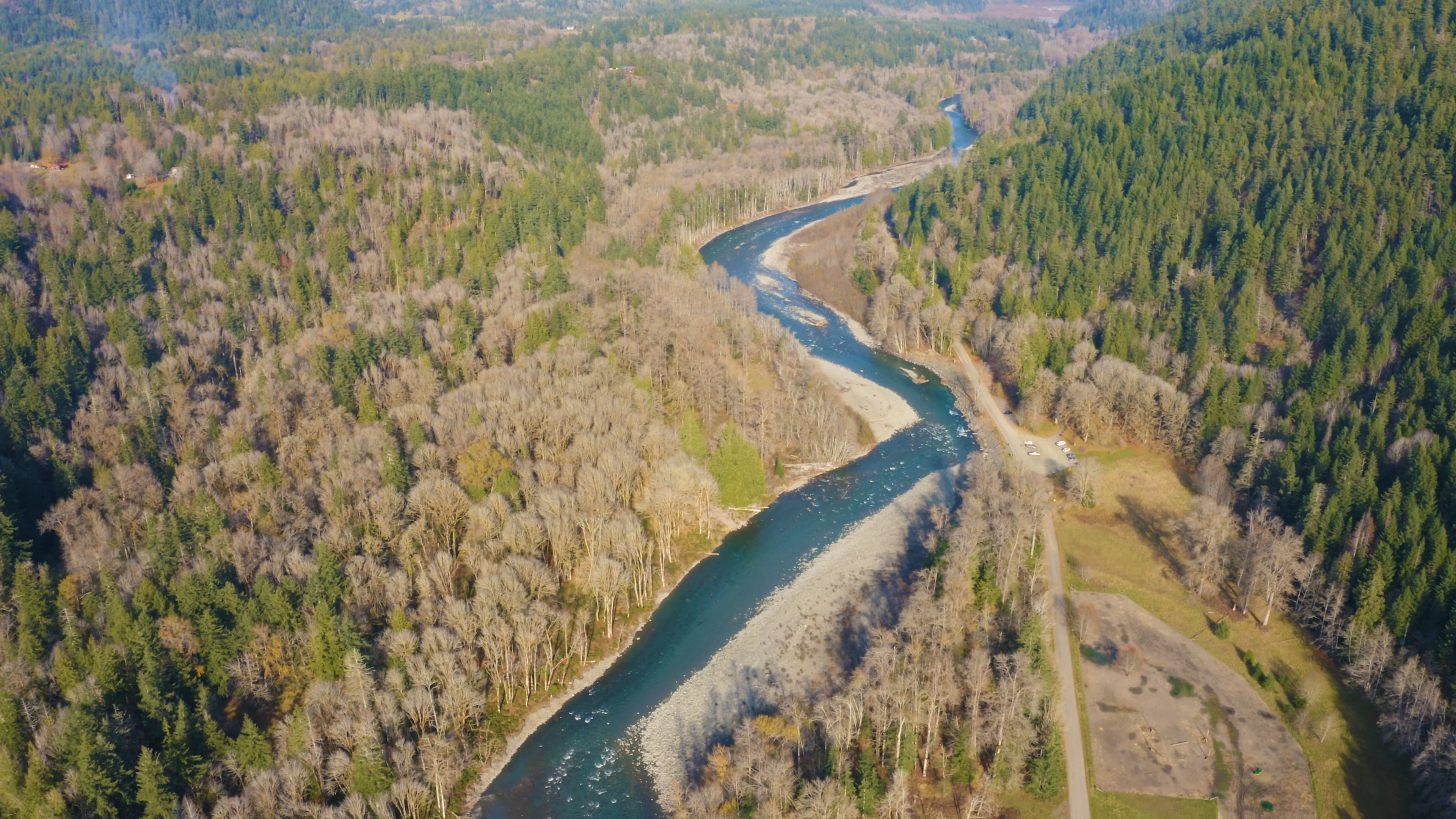4K航拍原始森林中延绵的小溪视频的预览图