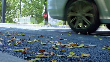 1080P升格拍摄汽车开过落叶道路视频视频的预览图