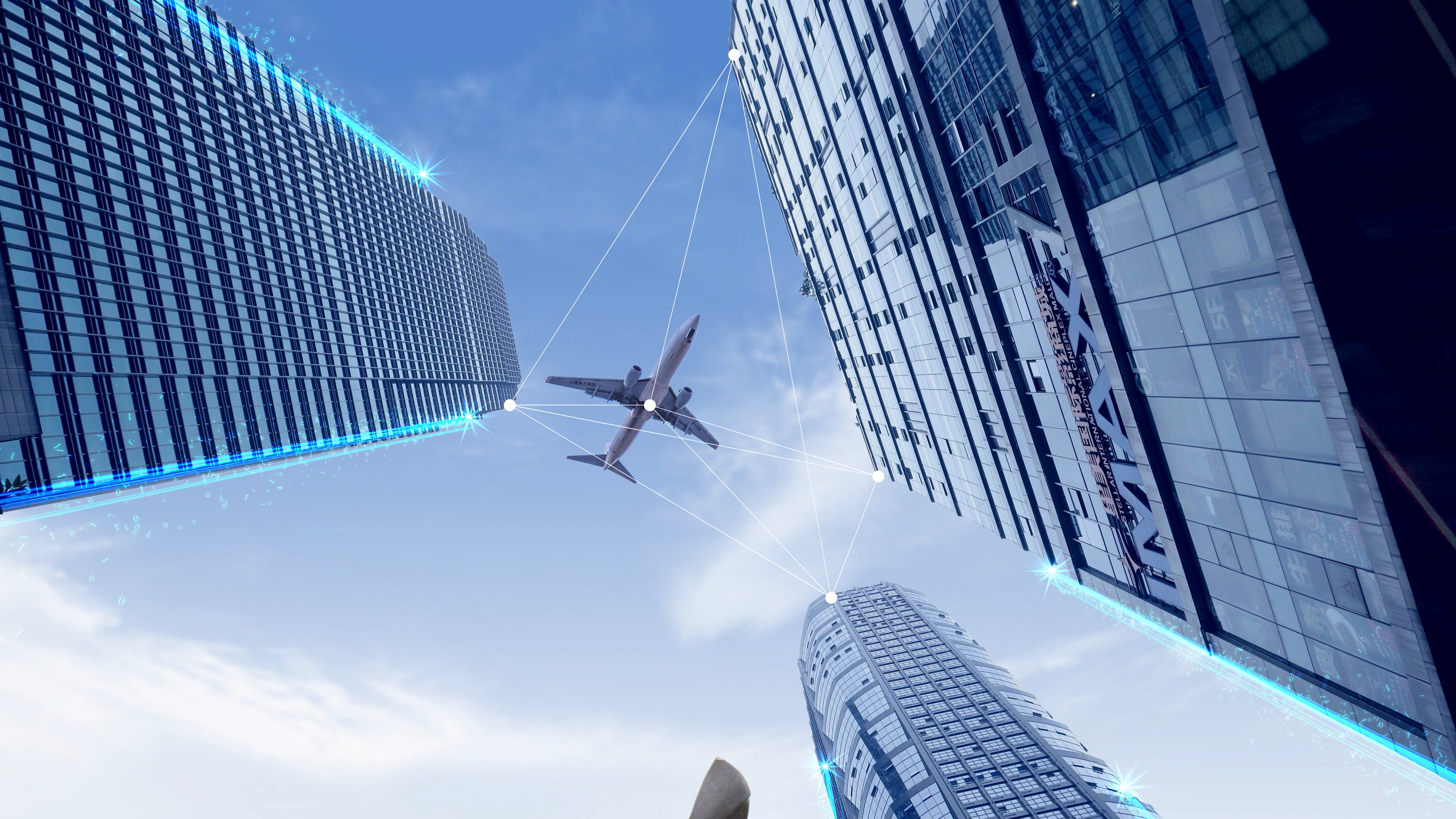 4K合成建筑科技飞机飞过视频素材视频的预览图