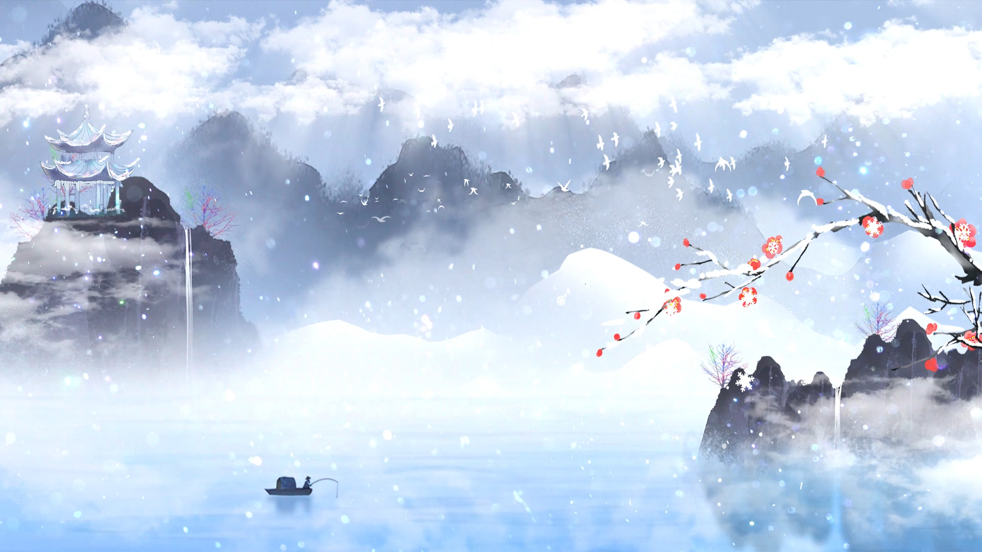 原创60秒雪景水墨山水画背景视频AE模板视频的预览图