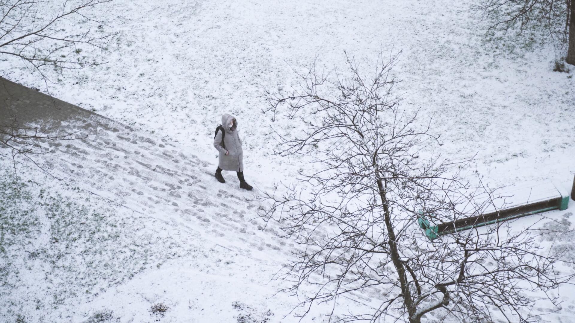 4k国外寒冬季节女生在雪地里漫步行走视频的预览图