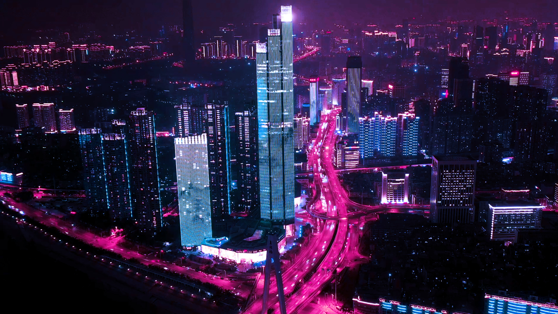 4K武汉城市夜景赛博朋克大气航拍无人机夜景车流延时实拍视频视频的预览图
