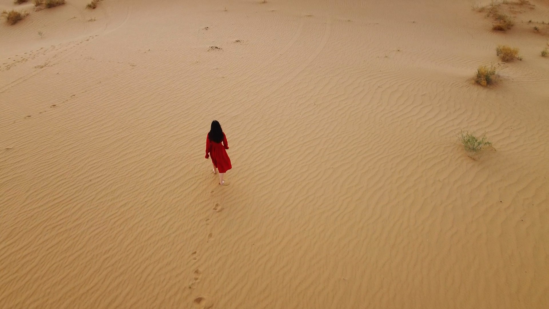 1080航拍女生走在荒凉沙漠中人文意境视频的预览图