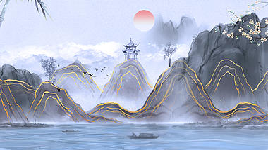 原创中国风紫色唯美水墨山水画视频古风水墨风诗词朗诵背景AE模板视频的预览图