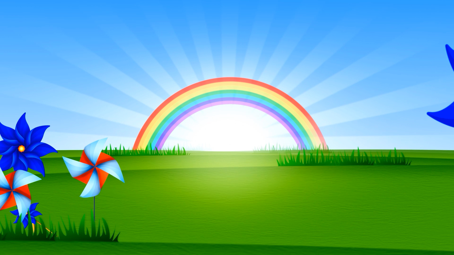 六一儿童节动态卡通夏日彩虹风车草地循环背景高清视频素材视频的预览图