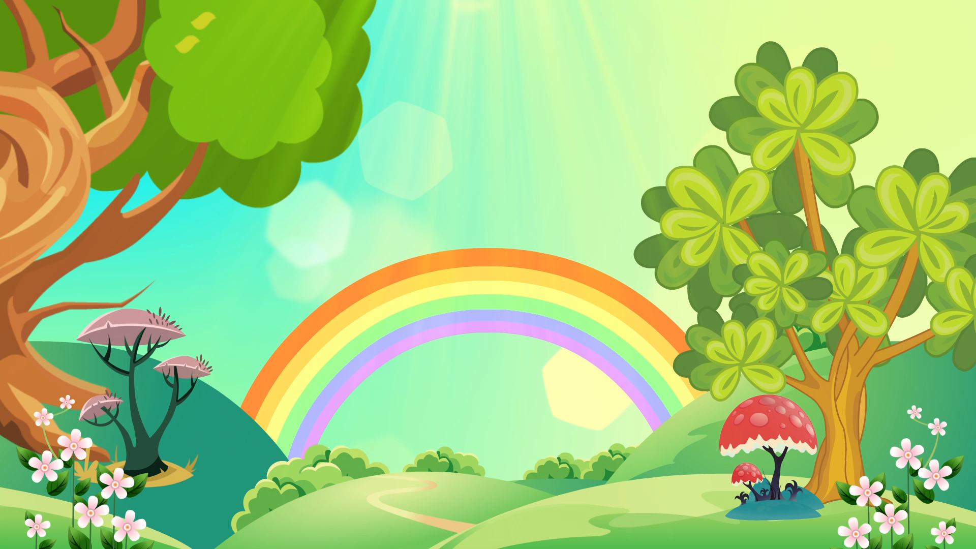 卡通夏日绿树彩虹六一儿童节动态背景视频的预览图