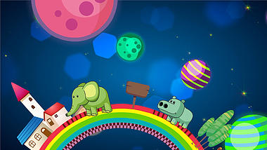 六一儿童节动态背景卡通彩虹星球小动物演出舞台背景视频的预览图